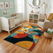 Colorful geometric fox rug styled with soft nursery decor