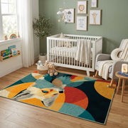 Colorful geometric fox rug displayed in a colorful play space