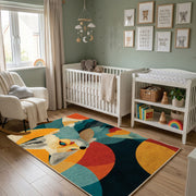 Colorful geometric fox rug wide room view in a modern nursery