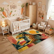 Colorful geometric leopard rug styled in a bright nursery