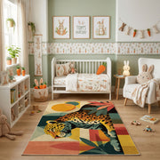 Colorful geometric leopard rug shown beside a child's bed