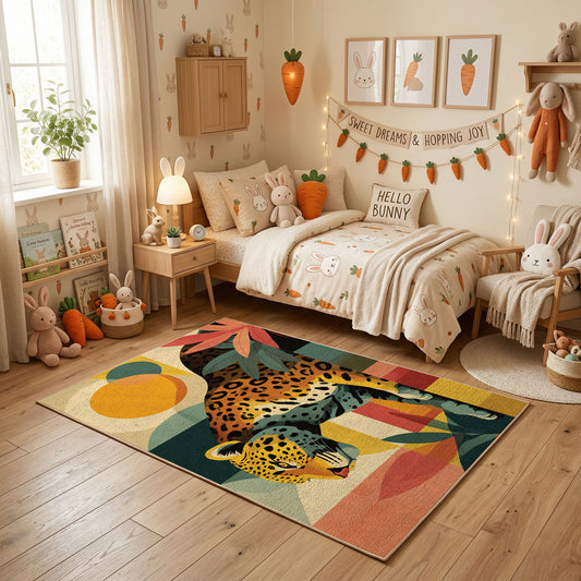 Colorful geometric leopard rug centered in a cozy playroom