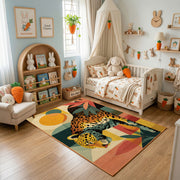 Colorful geometric leopard rug displayed in a warm kids bedroom