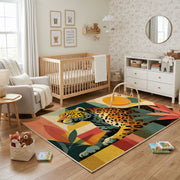 Colorful geometric leopard rug shown near a reading corner