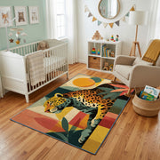 Colorful geometric leopard rug styled with soft nursery decor