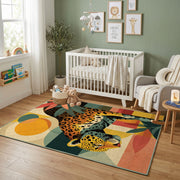 Colorful geometric leopard rug displayed in a colorful play space
