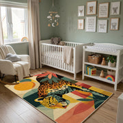 Colorful geometric leopard rug wide room view in a modern nursery