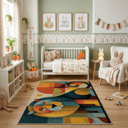 Colorful geometric mouse rug shown beside a child's bed