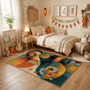 Colorful geometric mouse rug centered in a cozy playroom