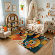 Colorful geometric mouse rug displayed in a warm kids bedroom