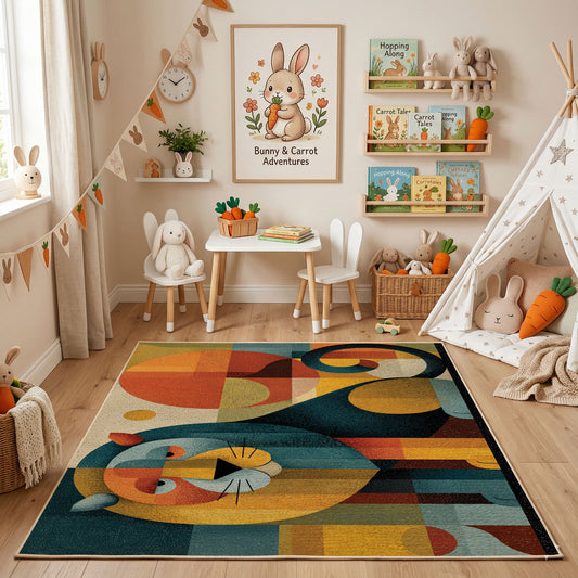 Colorful geometric mouse rug angled view with wooden furniture