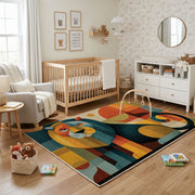 Colorful geometric mouse rug shown near a reading corner