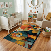 Colorful geometric mouse rug styled with soft nursery decor