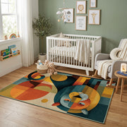 Colorful geometric mouse rug displayed in a colorful play space