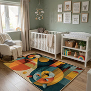Colorful geometric mouse rug wide room view in a modern nursery