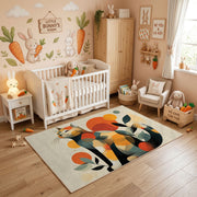 Colorful geometric dog rug styled in a bright nursery