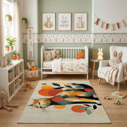 Colorful geometric dog rug shown beside a child's bed