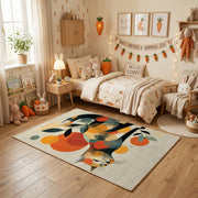 Colorful geometric dog rug centered in a cozy playroom