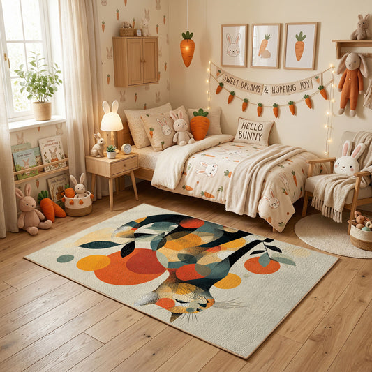 Colorful geometric dog rug centered in a cozy playroom