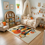 Colorful geometric dog rug displayed in a warm kids bedroom