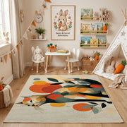 Colorful geometric dog rug angled view with wooden furniture