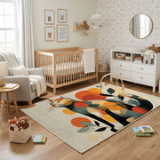 Colorful geometric dog rug shown near a reading corner