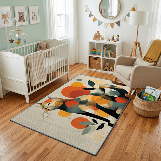 Colorful geometric dog rug styled with soft nursery decor