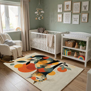 Colorful geometric dog rug wide room view in a modern nursery