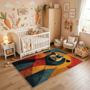 Colorful geometric panda rug styled in a bright nursery