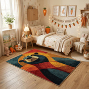 Colorful geometric panda rug centered in a cozy playroom