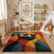 Colorful geometric panda rug angled view with wooden furniture
