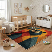 Colorful geometric panda rug shown near a reading corner