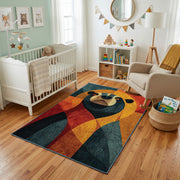 Colorful geometric panda rug styled with soft nursery decor