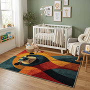 Colorful geometric panda rug displayed in a colorful play space