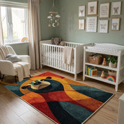 Colorful geometric panda rug wide room view in a modern nursery