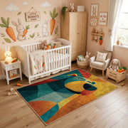 Colorful geometric bear rug styled in a bright nursery