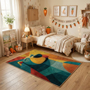 Colorful geometric bear rug centered in a cozy playroom