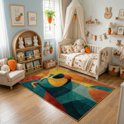 Colorful geometric bear rug displayed in a warm kids bedroom