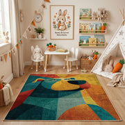 Colorful geometric bear rug angled view with wooden furniture