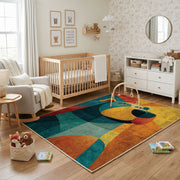 Colorful geometric bear rug shown near a reading corner