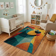 Colorful geometric bear rug styled with soft nursery decor