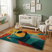 Colorful geometric bear rug displayed in a colorful play space