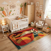 Colorful geometric squirrel rug styled in a bright nursery