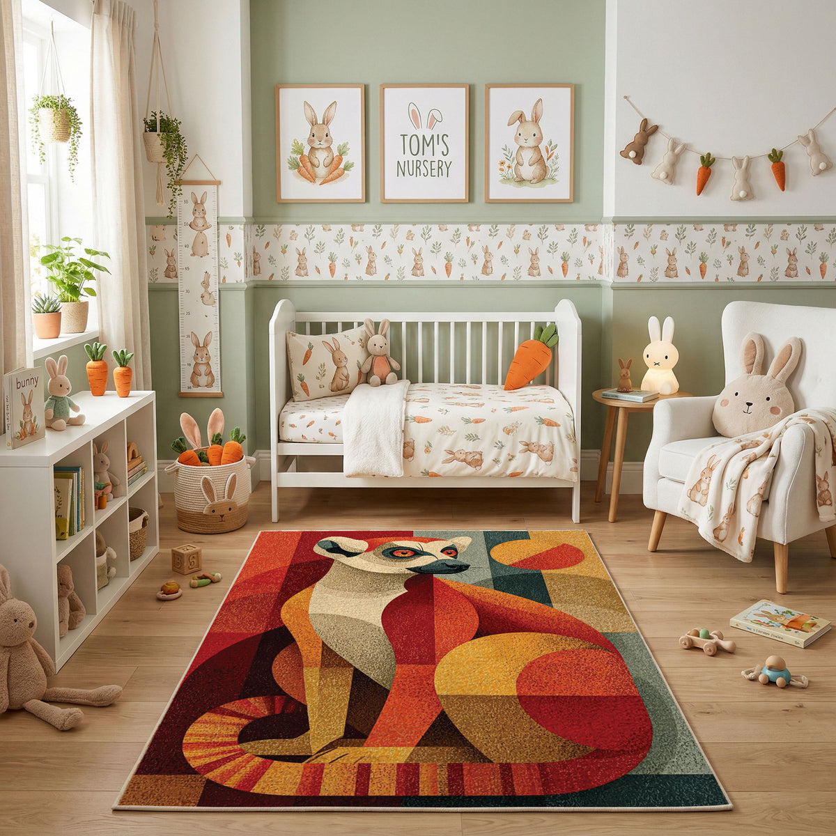 Colorful geometric squirrel rug shown beside a child's bed