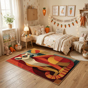Colorful geometric squirrel rug centered in a cozy playroom