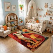 Colorful geometric squirrel rug displayed in a warm kids bedroom
