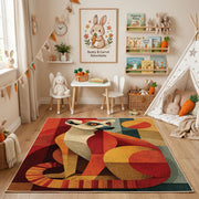 Colorful geometric squirrel rug angled view with wooden furniture