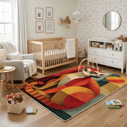 Colorful geometric squirrel rug shown near a reading corner
