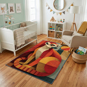 Colorful geometric squirrel rug styled with soft nursery decor