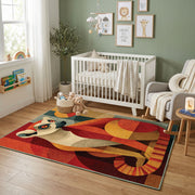 Colorful geometric squirrel rug displayed in a colorful play space